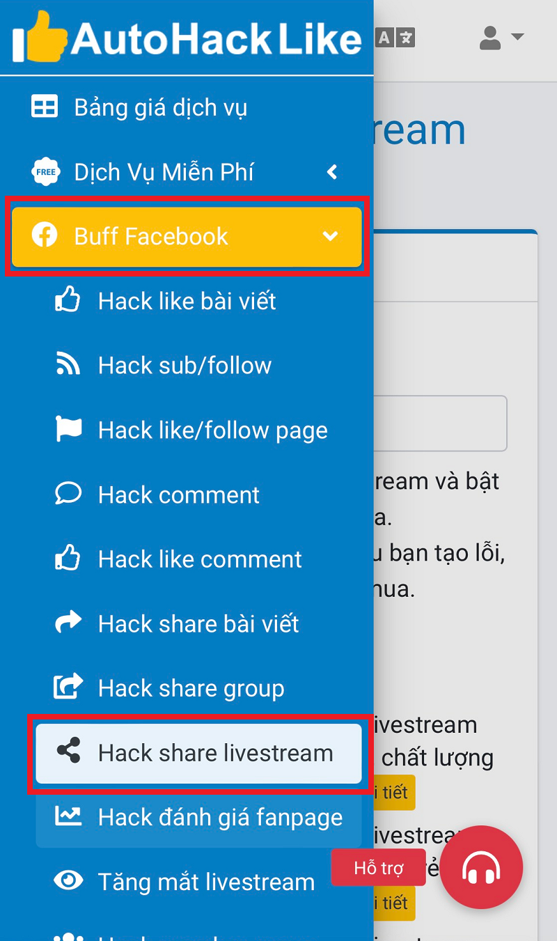 Truy cập Tăng share livestream Faccebook tại autohacklike